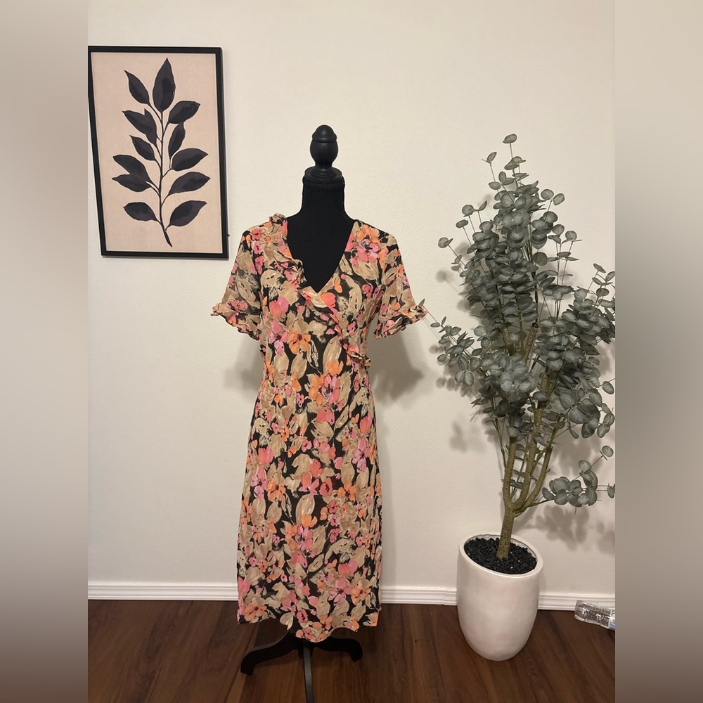-SOLD-Expressions Black Floral Midi Dress with Pink & Tan Blooms